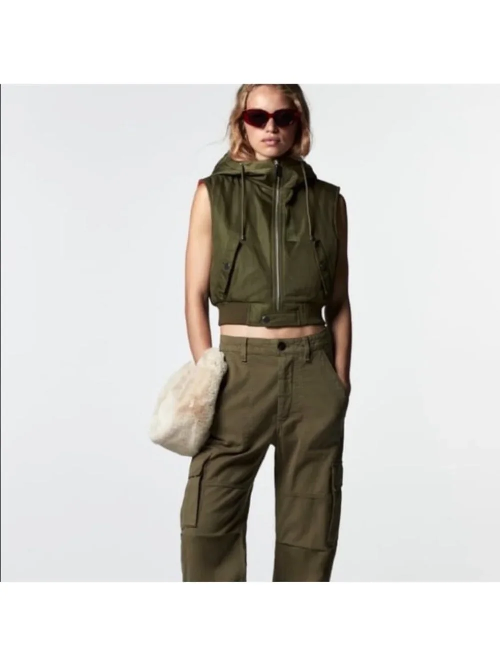Zara Cropped Hooded Vest Womens Size Large Green Full Zip High Neck Snap Pockets